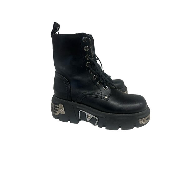 Women's (J'hongr) Leather Round Toe Ankle Boots Creeper Punk Goth Motorcycle Cas - Picture 3 of 5